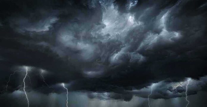 Dark storm clouds with multiple lightning bolts