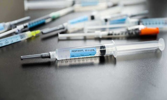 Close-up of fentanyl syringe on a table