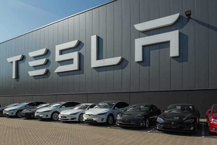 Tesla cars parked outside a large Tesla building