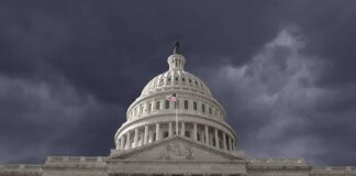 United States Capitol building under stormy skies