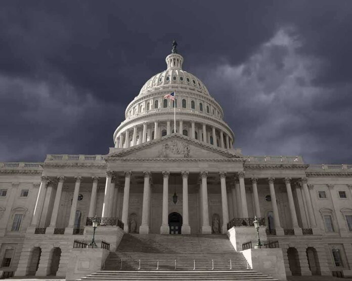 United States Capitol building under stormy skies