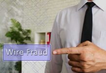 Businessperson pointing at wire fraud text overlay