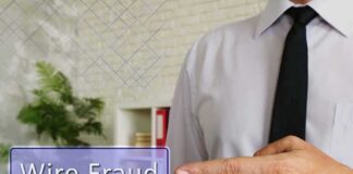 Businessperson pointing at wire fraud text overlay