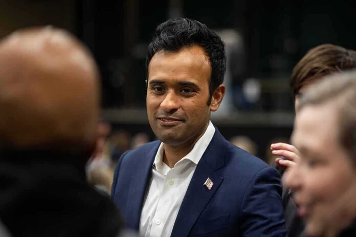 man in a navy suit with a flag pin speaking with people